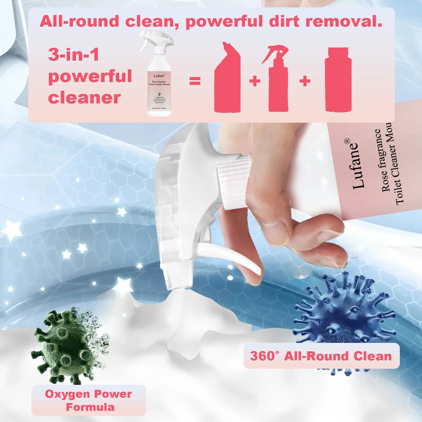 Bathroom Cleaning Foam Spray (10.58 oz) — Long-Lasting Rose Scent; Removes Hard Water Stains, Toilet Grime, and Soap Scum from Various Surfaces