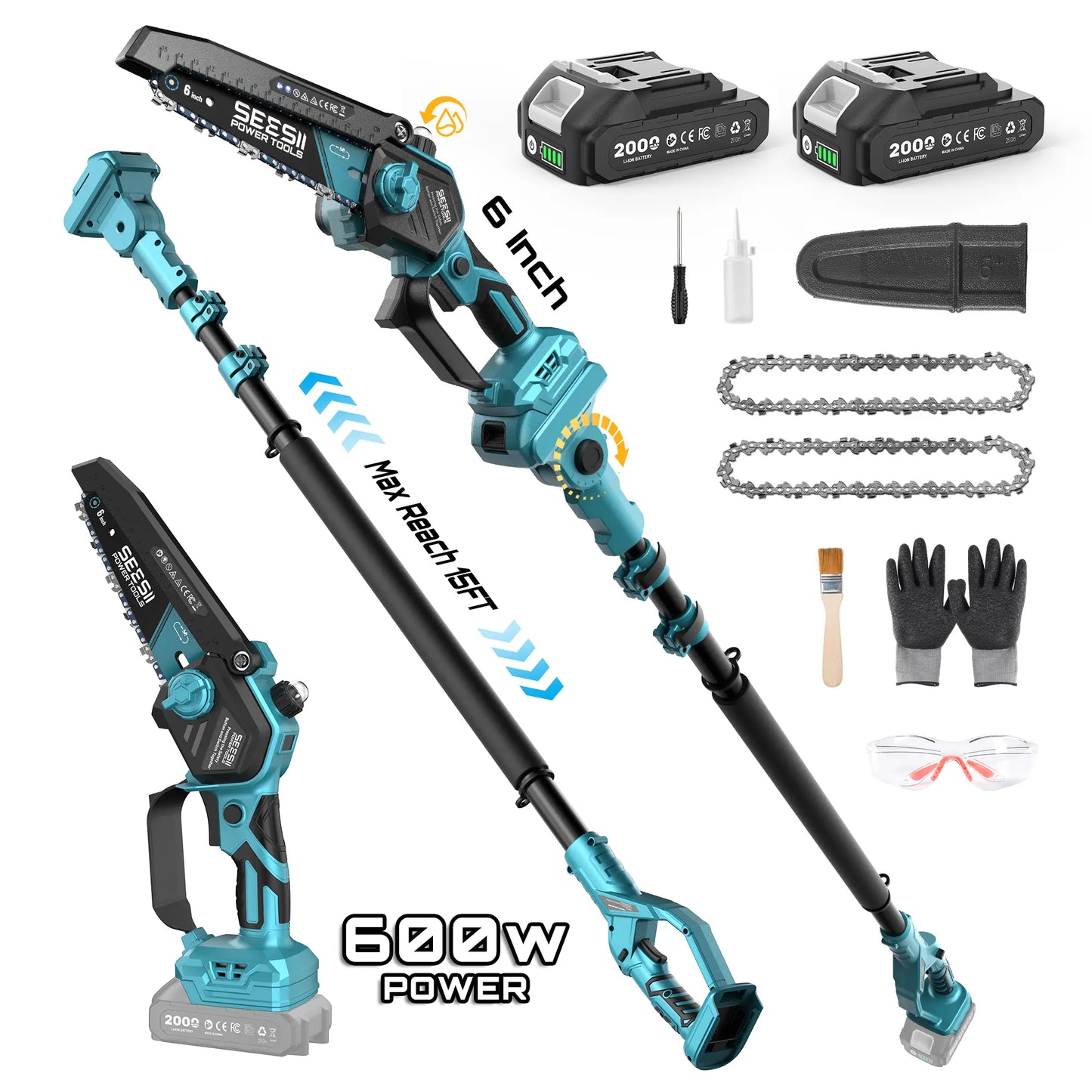 SEESII 2-in-1 Cordless Pole Saw & Mini Chainsaw, 16ft Reach, 2 Batteries, Tree Trimming & Pruning