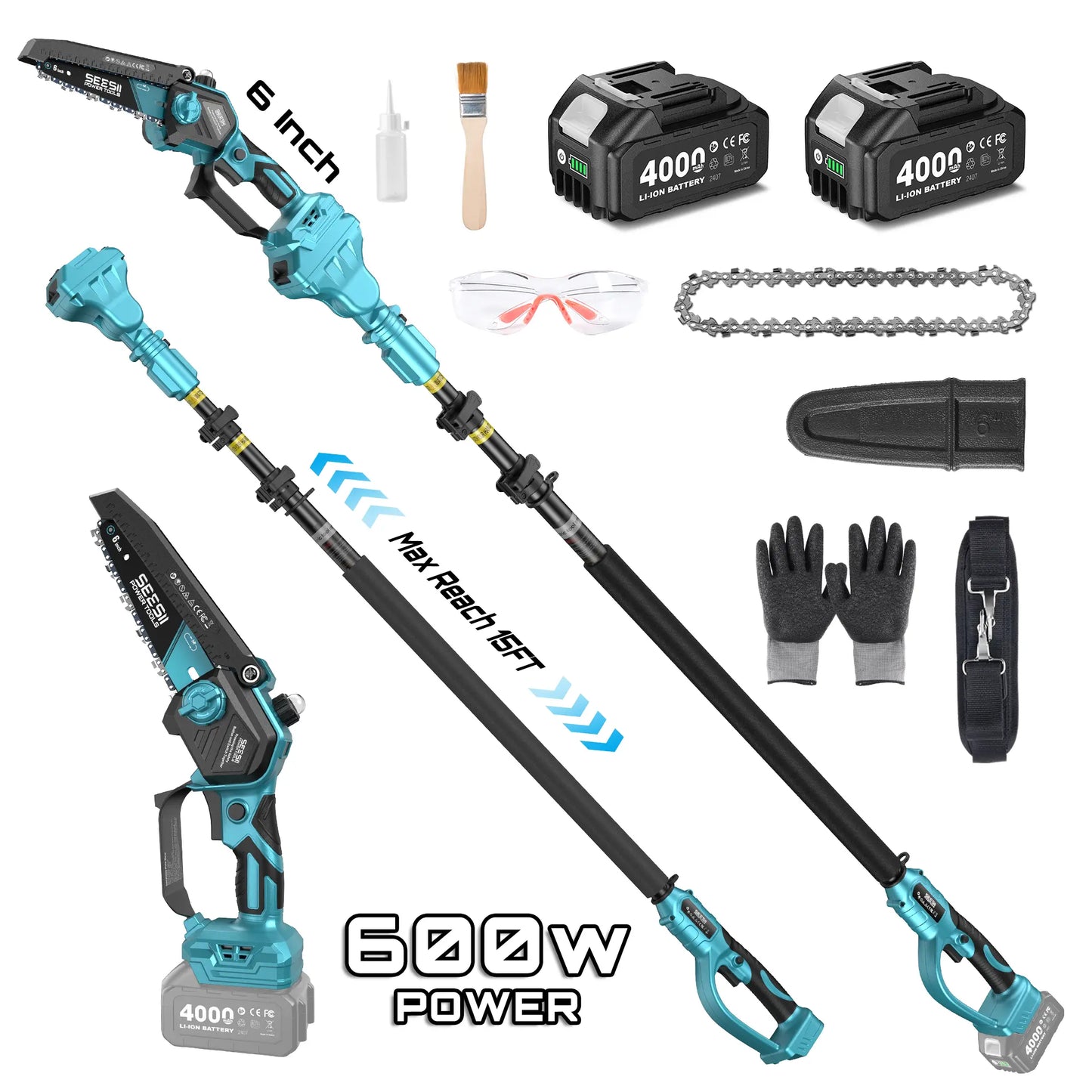 SEESII 2-in-1 Cordless Pole Saw & Mini Chainsaw, 16ft Reach, 2 Batteries, Tree Trimming & Pruning