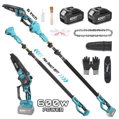 SEESII 2-in-1 Cordless Pole Saw & Mini Chainsaw, 16ft Reach, 2 Batteries, Tree Trimming & Pruning