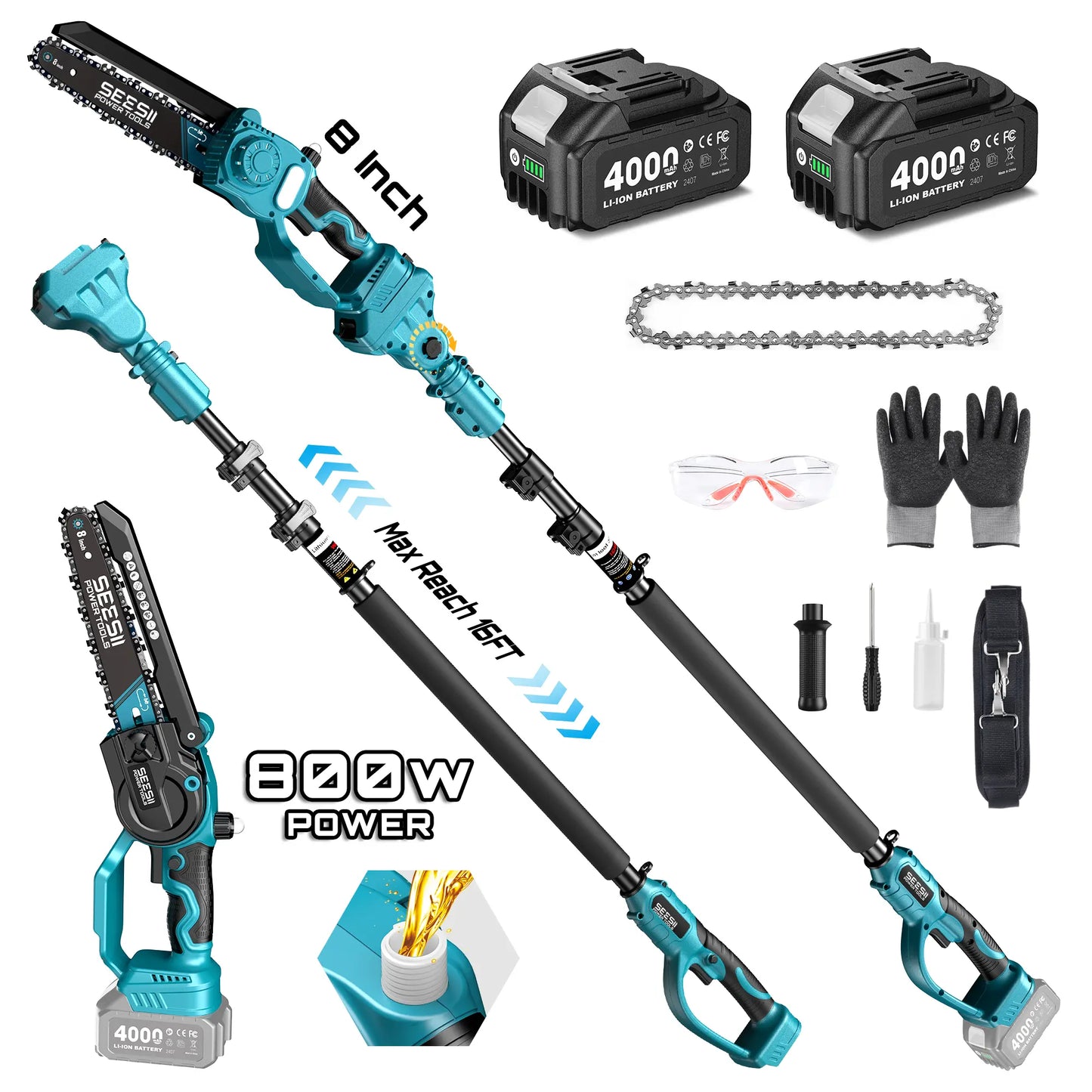 SEESII 2-in-1 Cordless Pole Saw & Mini Chainsaw, 16ft Reach, 2 Batteries, Tree Trimming & Pruning