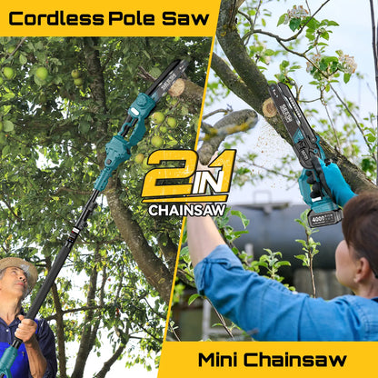 SEESII 2-in-1 Cordless Pole Saw & Mini Chainsaw, 16ft Reach, 2 Batteries, Tree Trimming & Pruning